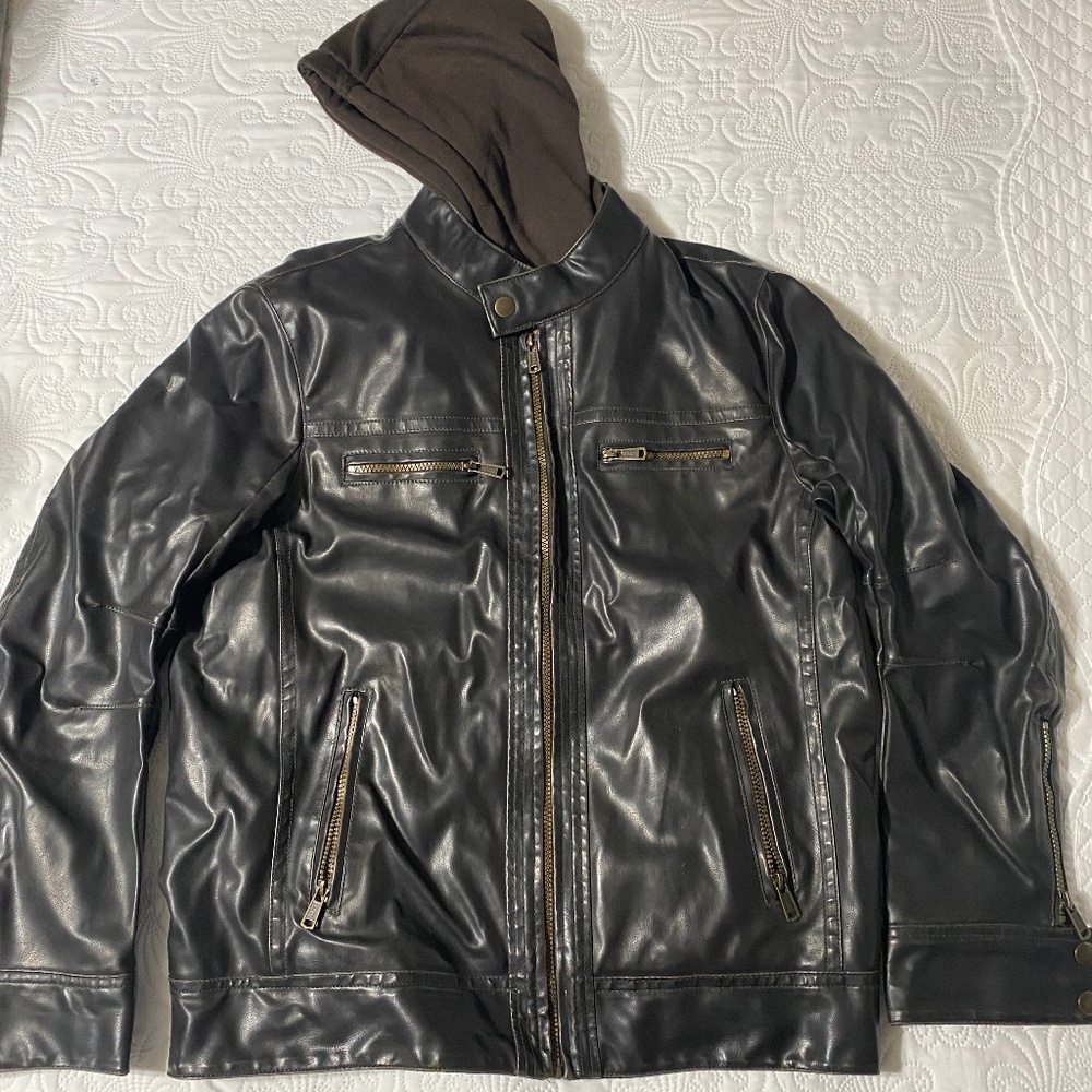 Sonoma Men’s Faux Leather bomber with hood.